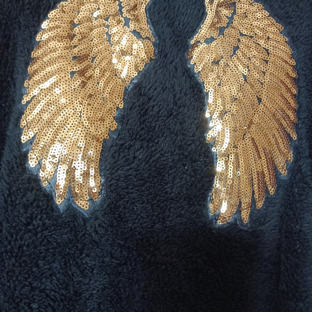 Chic Black and Gold Zipper Front Teddy Jacket with Wing Design NWOT - Picture 6 of 8